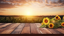 Beautiful Background Of An Empty Plank Table And A Sunflower Of The Year With A Place For The Product Lob Lettering And A Beautiful Background Of A Field Of Sunflowers. Generative Ai
