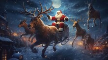 Santa Claus Riding A Sleigh With Reindeer On Snowfall Background.  Christmas Greeting Card. Christmas Concept.  Santa Claus.