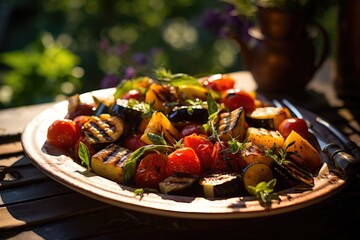 Poster - A plate of grilled vegetables on a wooden table. Generative AI.