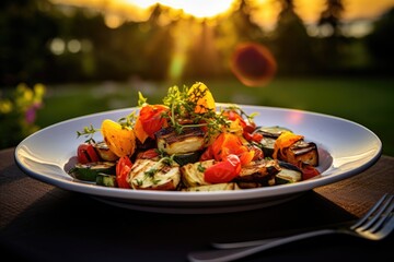 Wall Mural - A white plate topped with vegetables on top of a table. Generative AI.