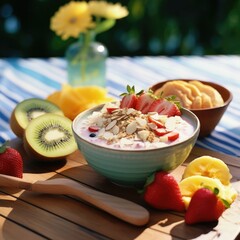 Poster - A bowl of oatmeal with strawberries, kiwi, and sliced fruit, a granola bowl.