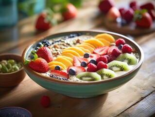 Poster - A bowl of fruit is sitting on a table, a granola bowl.