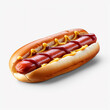 hotdog with ketchup and mustard on white background.