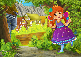 Wall Mural - cartoon summer scene with path to the farm village with prince and princess