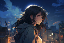 Lonely Anime Girl Looking At The Night City.