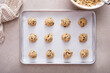 © fahrwasser - Chocolate chip cookie dough scoopes on a cookie sheet ready to be baked