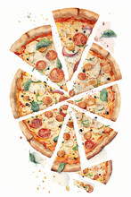 Tomato, Mozarella And Pepperoni Pizza Sliced On A White Background, Watercolor Style, Generative AI
