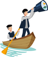 Illustration vector graphic of 2 businessman riding a boat navigating to the destination together. fit for team collaboration material, presentation, website graphic, printed collateral, social media 