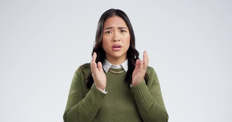 Wall Mural - Wtf, wow and hands on woman face in studio for fake news, drama or gossip on white background. Omg, portrait and female with anxiety, shock or surprised by drama, fail or mistake, disaster or choice