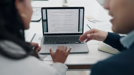 Laptop screen, business people on website for feedback in office, online review or information analysis. Man, woman and internet search on computer with presentation of article for proposal from back