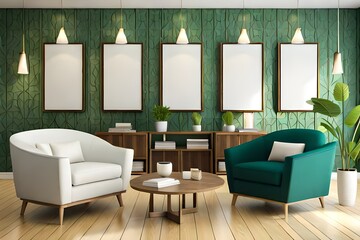 two wooden frames on green and white wall, frame mockup, 3d render, 3d illustration. modern living room