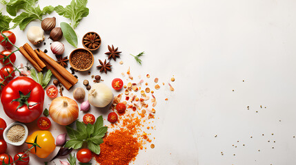 Still life of fresh food ingredients top view on a light background