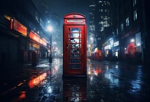 Red Telephone Box In The Misty City At Night