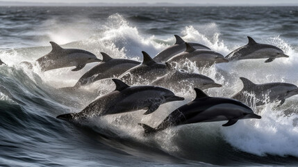 Canvas Print - Group of dolphins jumping on the water