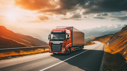 Wall Mural - Truck driving down a highway at sunny day