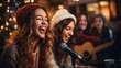 Women singing a Christmas song while having a good time and laughing..