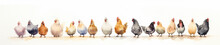 A Minimal Watercolor Banner Of A Row Of Chickens On A White Background