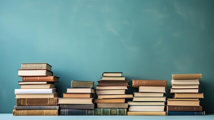 Wall Mural - Front view of stock of books on minimalistic background or stock of books for world book day background