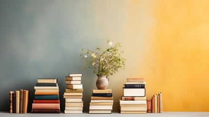 Wall Mural - Front view of stock of books on minimalistic background or stock of books for world book day background
