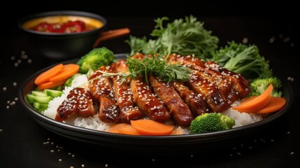 Wall Mural - Front view of white rice with teriyaki beef and cut vegetables on a plate with black and blurry background