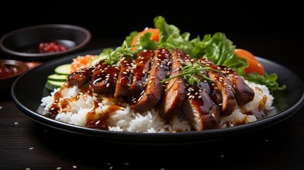 Wall Mural - Front view of white rice with teriyaki beef and cut vegetables on a plate with black and blurry background