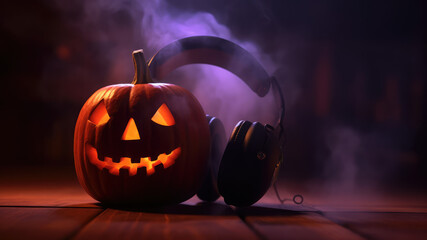 Wall Mural - Halloween pumpkins with neon glowing eyes, wearing headphone and witches hat, isolated on dark toned smoke foggy background. Scary Jack-o-lantern halloween pumpkin. Generative AI