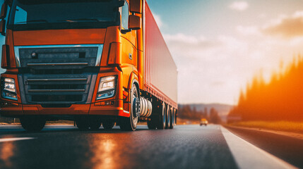 Extreme close up of a truck driving down a highway at sunny day