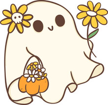 Cute Halloween Ghost With Flower Outline, Kawaii Retro Spooky Boo Cartoon Outline Doodle Illustration