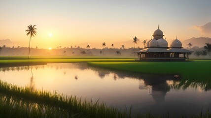 Poster - beautiful mosque at tropical panorama with rice field and lake, generative Ai