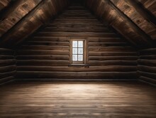 Empty Room In Dark Rustic Log Cabin With Nothing And Nobody