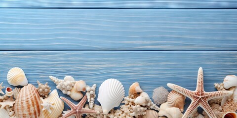 Wall Mural - Seaside treasures. Summer collection of nature shells and starfish on wooden table. Tropical escape. Ocean inspired vacation vibes