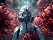 © shutterdemon - a doctor wear Powered Air Purifying Respirator suit for preventive virus, PAPR suit, red virus