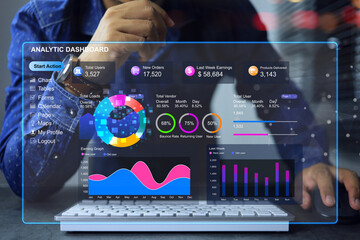 Wall Mural - Businessman working on computer to analyzing online commerce through virtual analytic dashboard and analyzing customer behavior for information on digital marketing platform. Data analysis concept.