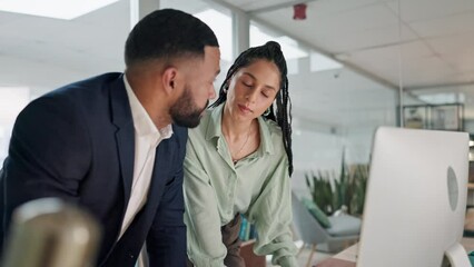 Wall Mural - Computer, talking or business people for teamwork, problem solving in discussion of solution or mission. Desktop pc, leadership or employees speaking of project ideas or online growth advice together