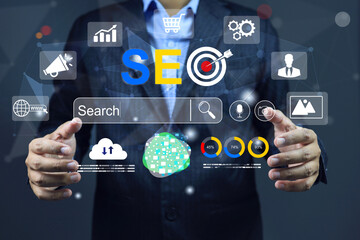 SEO search engine optimization concept, businessman working on data analytic or customer journey on internet or e commerce online marketing platform to business strategy digital market planing