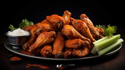 Poster - Realistic Buffalo wings with melted hot sauce on a wooden table with a blurred background