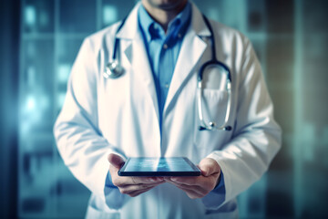 Male professional doctor holding a digital tablet gadget for medial healthcare tech website ads concept