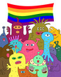 Halloween gay pride celebration. Group of cute alien monsters with rainbow flag on white background.