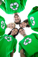 Wall Mural - Digital png photo of five happy diverse friends in recycling t shirts on transparent background