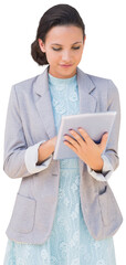 Poster - Digital png photo of happy caucasian casual businesswoman using tablet on transparent background