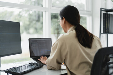 Wall Mural - developer programmer typing code on laptop while programming to developing website and application