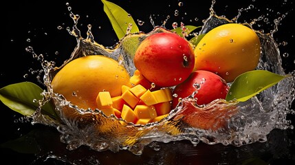  Realistic fresh yellow mangoes splashed with water on black and blurred background