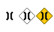 Icon Narrow Bridge Black Outline Traffic Warning Sign Design For Yellow Background And Black And White Background