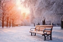 Park Bench And Trees Covered By Heavy Snow. Lots Of Snow. Sunset. Generative Ai.