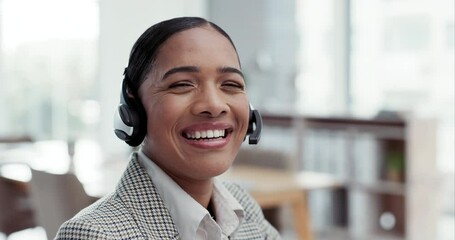 Sticker - Customer service, smile on face and woman in telemarketing, consulting and advice at help desk. Phone call, conversation and happy callcenter consultant with headset, portrait and sales in office.