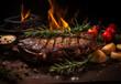 Juicy veal ribeye steak cooked on the grill. Close-up, side view. On a dark background.