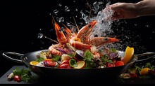 Chef Cooking With Tiger Prawn And Vegetables In A Metal Pan. On A Dark Background.