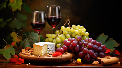 Wall Mural - A set of different cheeses and wine in glasses. Close-up, side view. On a dark background.