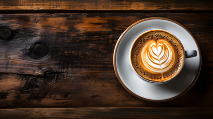 Hot cappuccino on a wooden table top view (3)