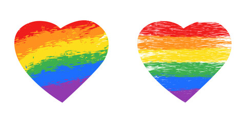 Aufkleber - Two variants of the LGBT heart. Isolated vector hearts made from paint strokes. Rainbow hearts in two versions. Vector.
